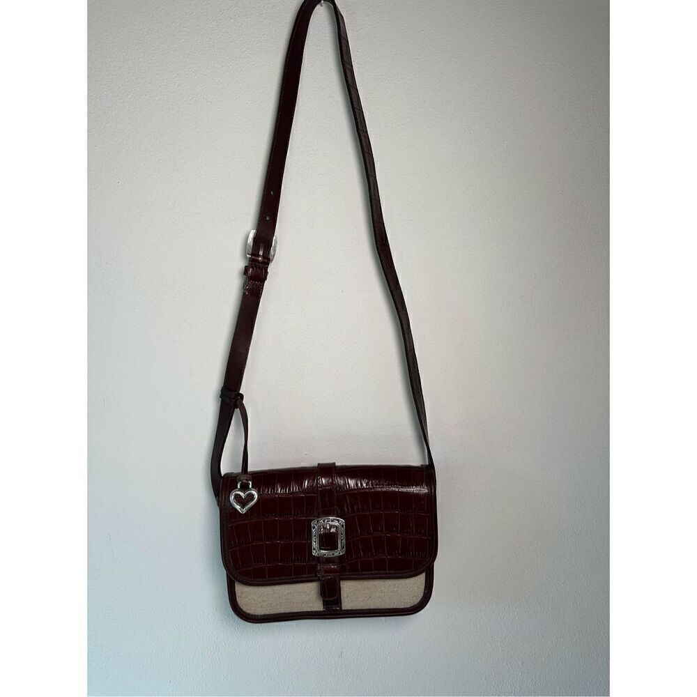 Brighton Vintage women’s leather Croc & canvas beige brown shoulder bag #M-1449